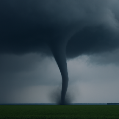 Tornado touching down over rural farmland beneath a dark stormy sky